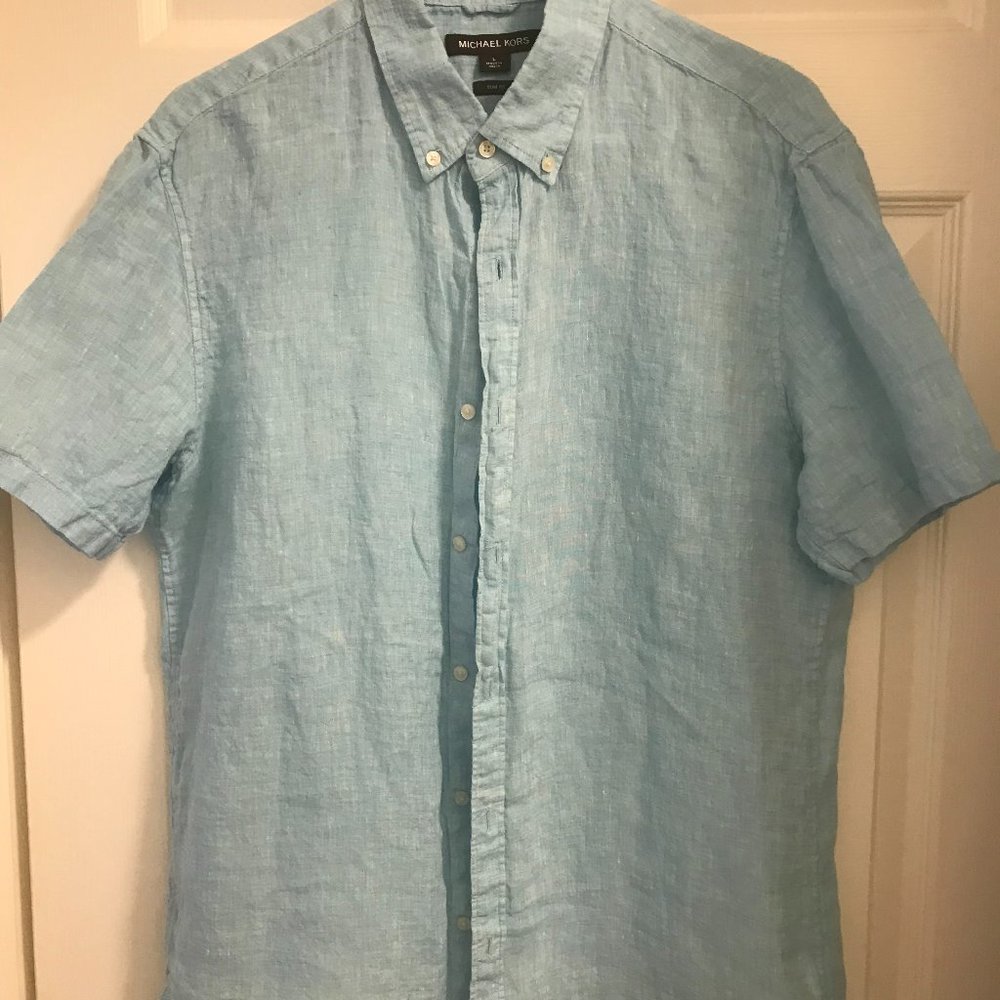 Michael Kors Men's Light Blue 100% Linen Short Sleeve Button Down Shirt, Size L